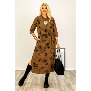 Rochie cu nod intr-o parte imprimata cu flori embosate si catifelate, din jerseu de bumbac camel