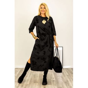 Rochie cu nod intr-o parte imprimata cu flori embosate si catifelate, din jerseu de bumbac negru