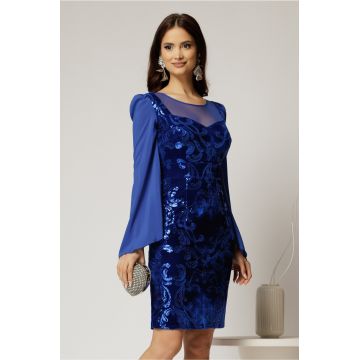 Rochie Daimond eleganta din catifea albastra cu paiete si maneci din voal