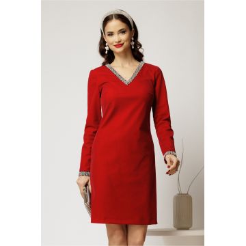 Rochie DY Fashion bordo din catifea fixa cu perle la decolteu si maneci