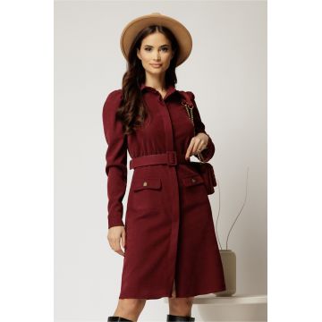 Rochie DY Fashion bordo din catifea reiata tip camasa si curea in talie