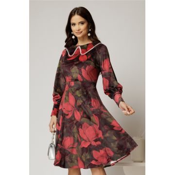 Rochie DY Fashion din catifea cu print rosu si perle la guler