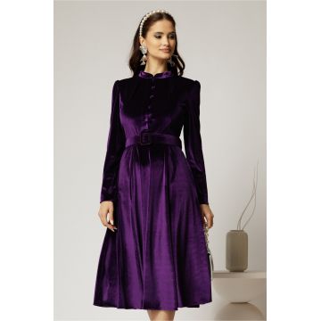 Rochie DY Fashion din catifea mov cu nasturi imbracati si curea in talie