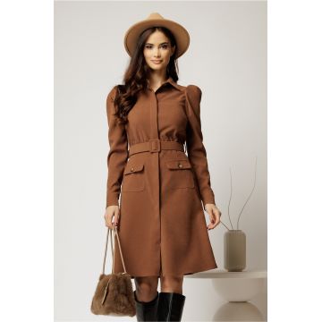 Rochie DY Fashion maro din catifea reiata tip camasa si curea in talie