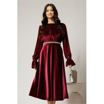 Rochie DY Fashion midi bordo din catifea cu perle pe talie