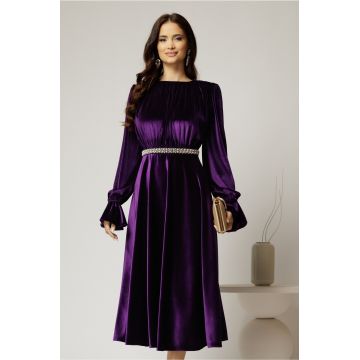 Rochie DY Fashion midi mov din catifea cu perle pe talie