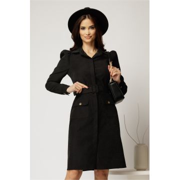 Rochie DY Fashion neagra din catifea reiata tip camasa si curea in talie