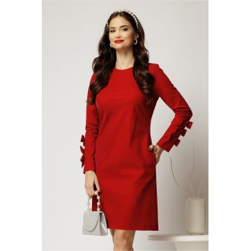 Rochie DY Fashion scurta din catifea fixa bordo cu funde pe maneci