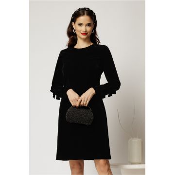 Rochie DY Fashion scurta din catifea fixa neagra cu funde pe maneci