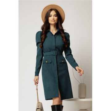Rochie DY Fashion verde din catifea reiata tip camasa si curea in talie