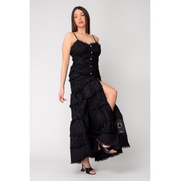 Rochie lunga cu nasturi si broderie Black 16351