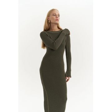 Rochie lunga -  detalii in dungi - verde kaki - tricot -