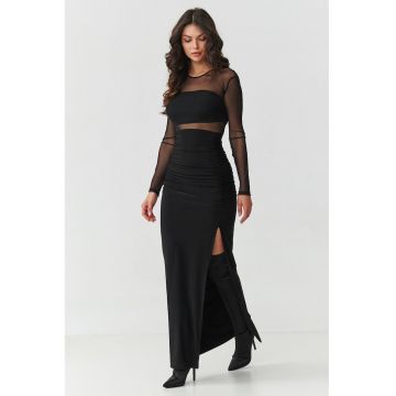 Rochie maxi cu insertii transparente si slit lateral