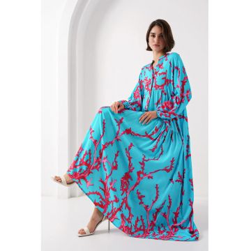 Rochie maxi dama - cu imprimeu - HiCCUP - decolteu in V - viscoza - albastru/fucsia