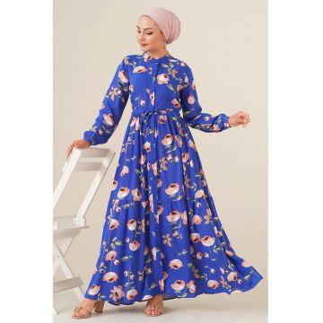 Rochie maxi dama HiCCUP - viscoza - model floral - decolteu rotund - multicolor