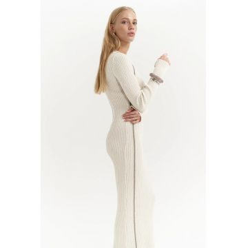 Rochie Maxi -  detalii cu dungi - bej natural - tricot -