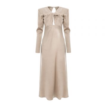 Rochie maxi elegantă cu imprimeu răsucit în față, culoarea șampaniei