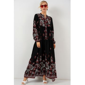 Rochie maxi HiCCUP BDART - decolteu in V - captusita - textil - rosu inchis