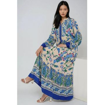 Rochie maxi -  imprimeu - guler camasa - albastru - textil