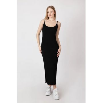 Rochie maxi tricotata -  decolteu rotund - bretele - textil - Negru -