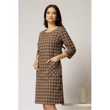 Rochie midi bej in carouri din lana cu buzunare