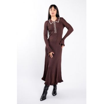 Rochie midi Brown cu guler contrastant