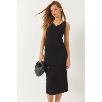 Rochie midi -  decolteu in V - nervuri - negru - jerseu