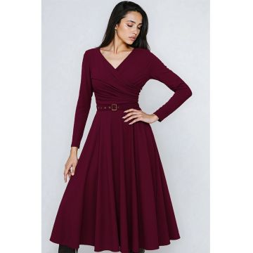 Rochie midi din amestec de lyocell cu croiala evazata si curea in talie