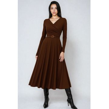 Rochie midi din amestec de lyocell cu croiala evazata si curea in talie