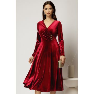 Rochie midi din catifea bordo cu bustul petrecut si nasturi eleganti