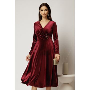 Rochie midi din catifea bordo cu bustul petrecut si nasturi eleganti