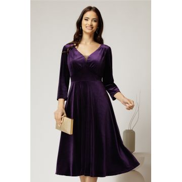 Rochie midi din catifea mov cu decolteu V
