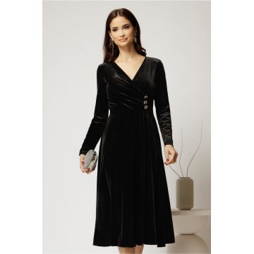 Rochie midi din catifea neagra cu bustul petrecut si nasturi eleganti