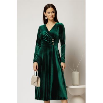 Rochie midi din catifea verde cu bustul petrecut si nasturi eleganti