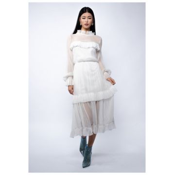 Rochie midi din voal de matase peliculizata cu volane delicate