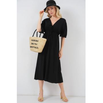 Rochie Midi - HiCCUP - A-Form Fit - Decolteu in V - Negru - Textil