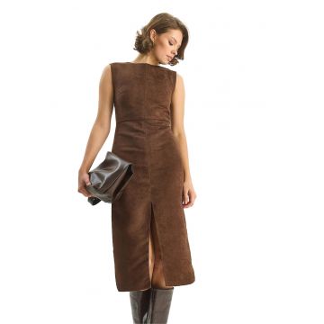 Rochie midi HiCCUP - imitatie de piele intoarsa - maro - jerseu