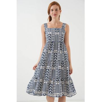 Rochie Midi - HiCCUP - model cu guler patrat - crem natural - textil