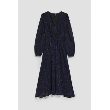 Rochie midi  imprimeu frunze albastre - maneci bufante