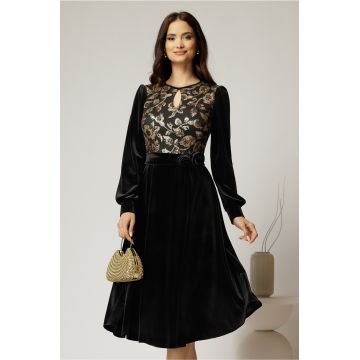 Rochie midi neagra din catifea cu bustul din paiete si cordon detasabil