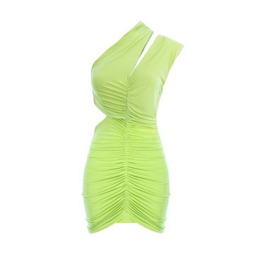 Rochie mini cu un umăr și pliuri Lime Goddess