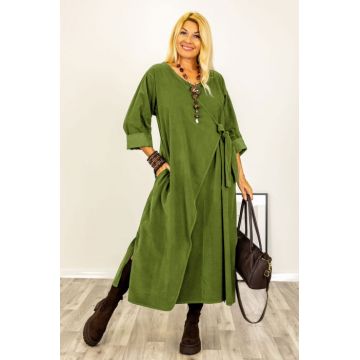 Rochie petrecuta oversize A-line, din catifea reiata, verde oliv