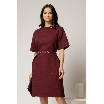 Rochie scurta bordo cu nasture perla la guler si fir lurex