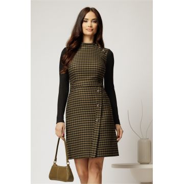 Rochie scurta in carouri kaki cu nasturi pe fusta