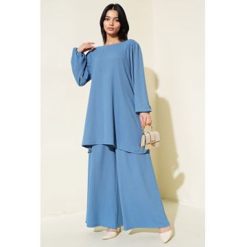 Set de doua piese -  tunica texturata cu maneca lunga si pantaloni cu croi larg - jerseu - Albastru marocan -