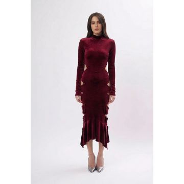 Rochie Burgundy din Catifea  Midi cu Decupaje și Volan Asimetric