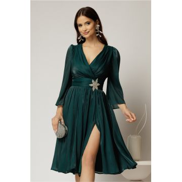 Rochie DY Fashion turcoaz din voal cu pelicula decolteu petrecut si detaliu pe talie