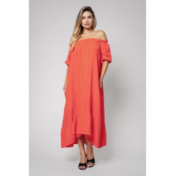 Rochie lunga cu umerii goi 100% in Coral 13115