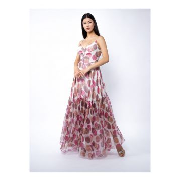 Rochie lunga din matase cu bretele si imprimeu cu buline