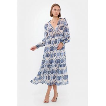 Rochie maxi -  abstract - decolteu in V - nasturi - albastra - textil